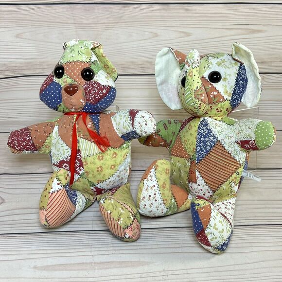 VTG 80s Faux Patchwork Quilt Bunny & Elephant 12” Stuffed Animal Plush Set of 2 - Picture 3 of 16